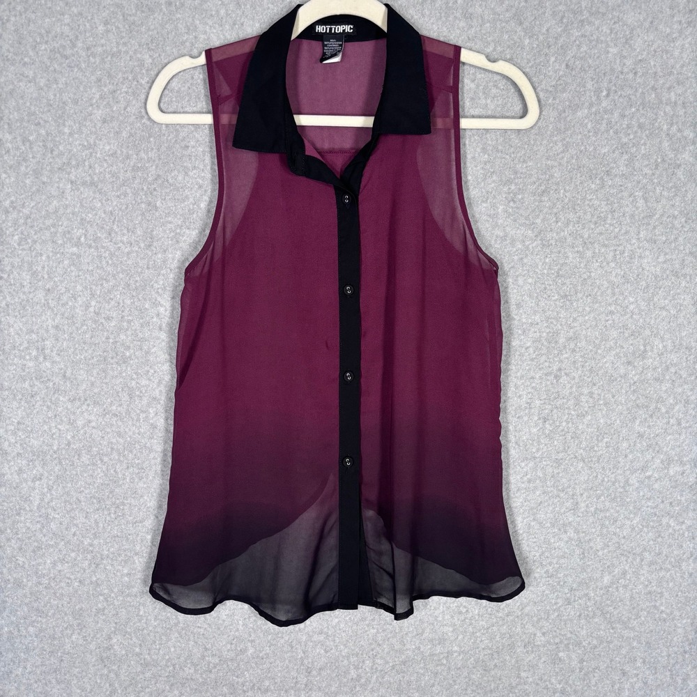 Hot Topic Sheer Ombre Blouse Top Small Burgundy Button Up Goth Punk Rave EDM